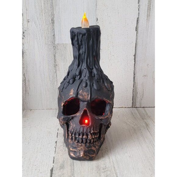 Halloween lit up black skull candle prop Decor scary skeletonq - Picture 2 of 12